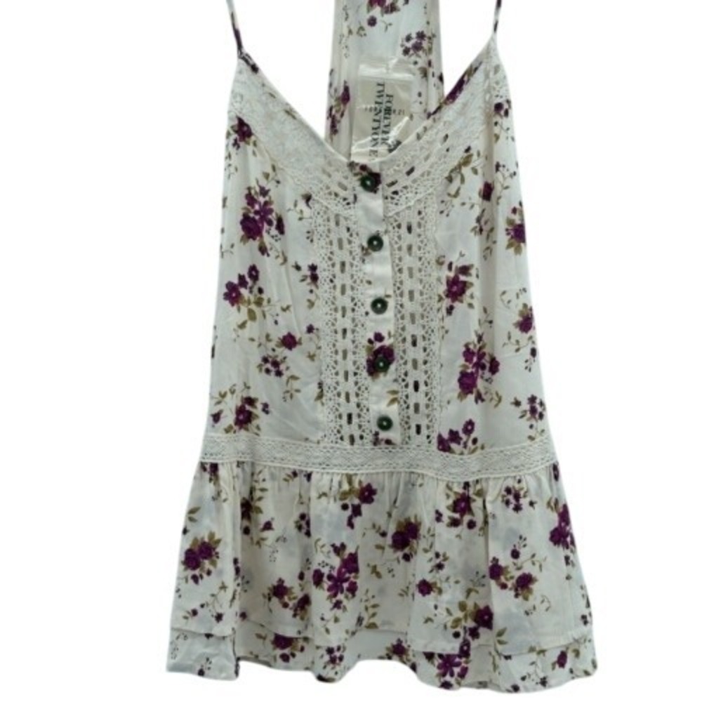 Forever 21 Tank Top Camisole Babydoll Y2K Women Large Cream Purple Floral New